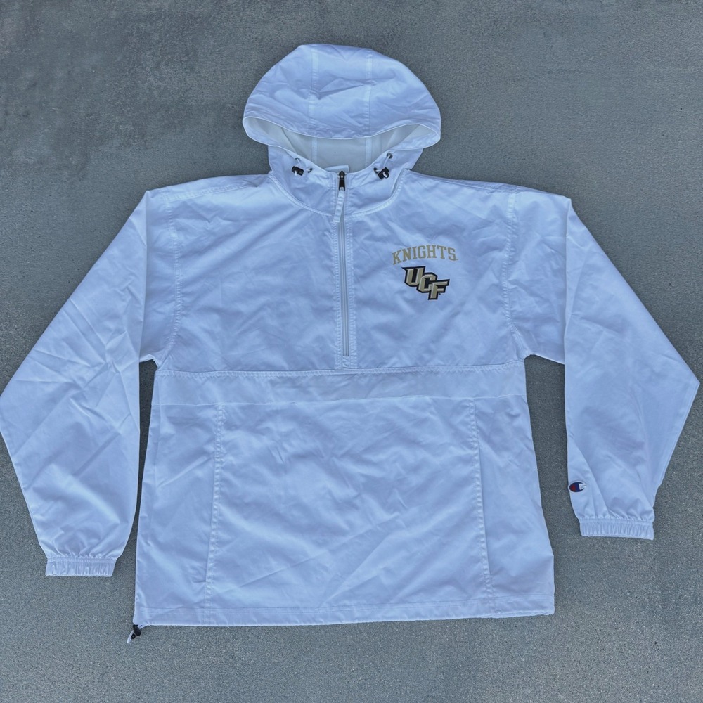 Champion UCF Knights Windbreaker Mens Medium White Quarter Zip Hooded Jacket